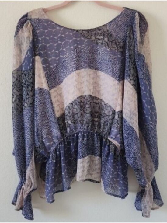 BB Dakota Tops - BB Dakota Blue and Cream Patchwork Peplum Blouse